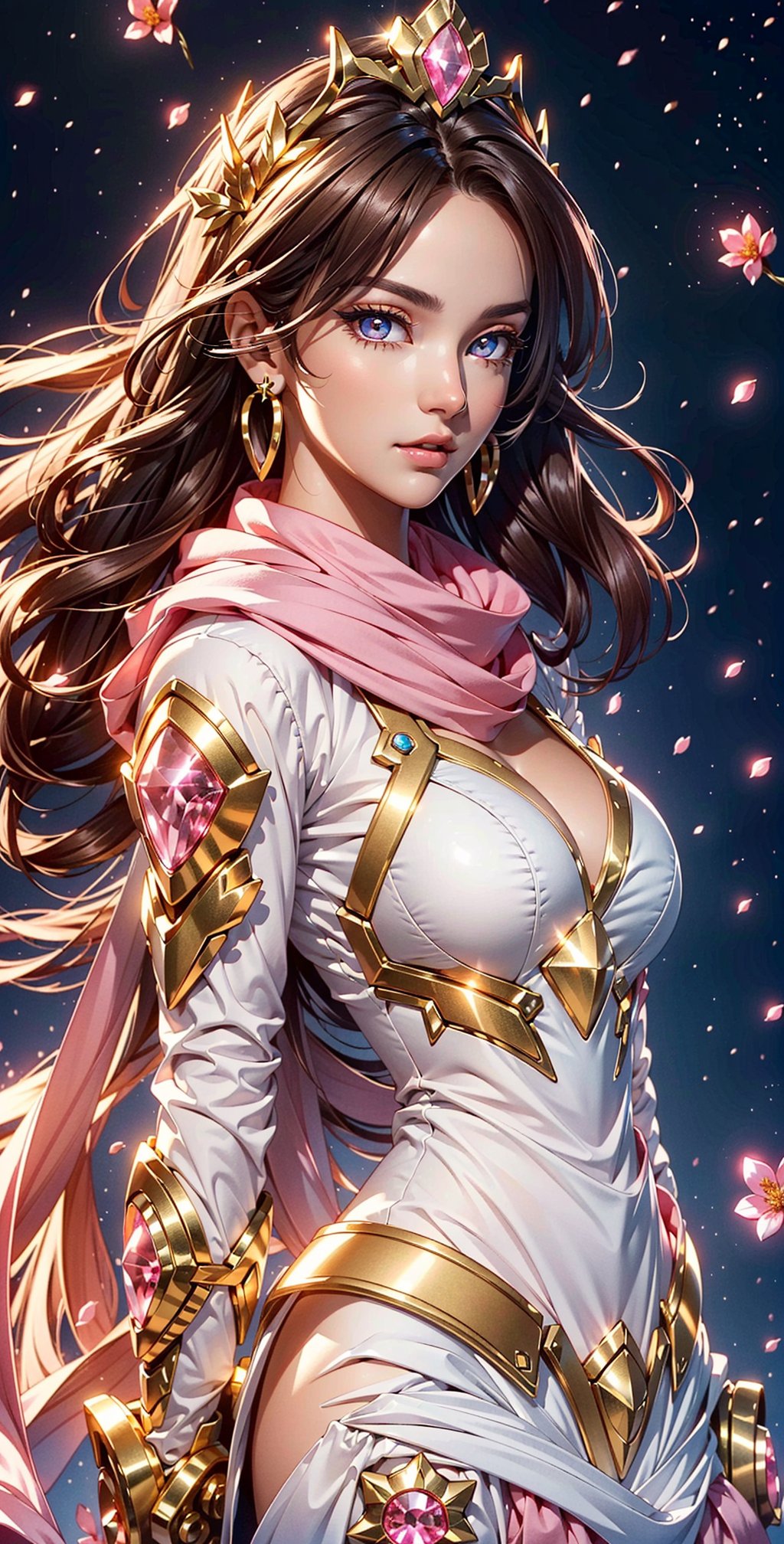 masterpiece, best quality, full body image, a girl 30 years old on a moon with planets around her, gold armor, ornate white dress, pink scarf, gold earrings, tiara, elegant, (dynamic lighting:1.2), cinematic lighting, delicate facial features, detailed eyes, pink eyes, long brunette hair, realistic pupils, depth of field, bokeh, sharp focus, (hyper-detailed, bloom, glow:1.4), brown hair, full lips, bright pink eyes, kind face