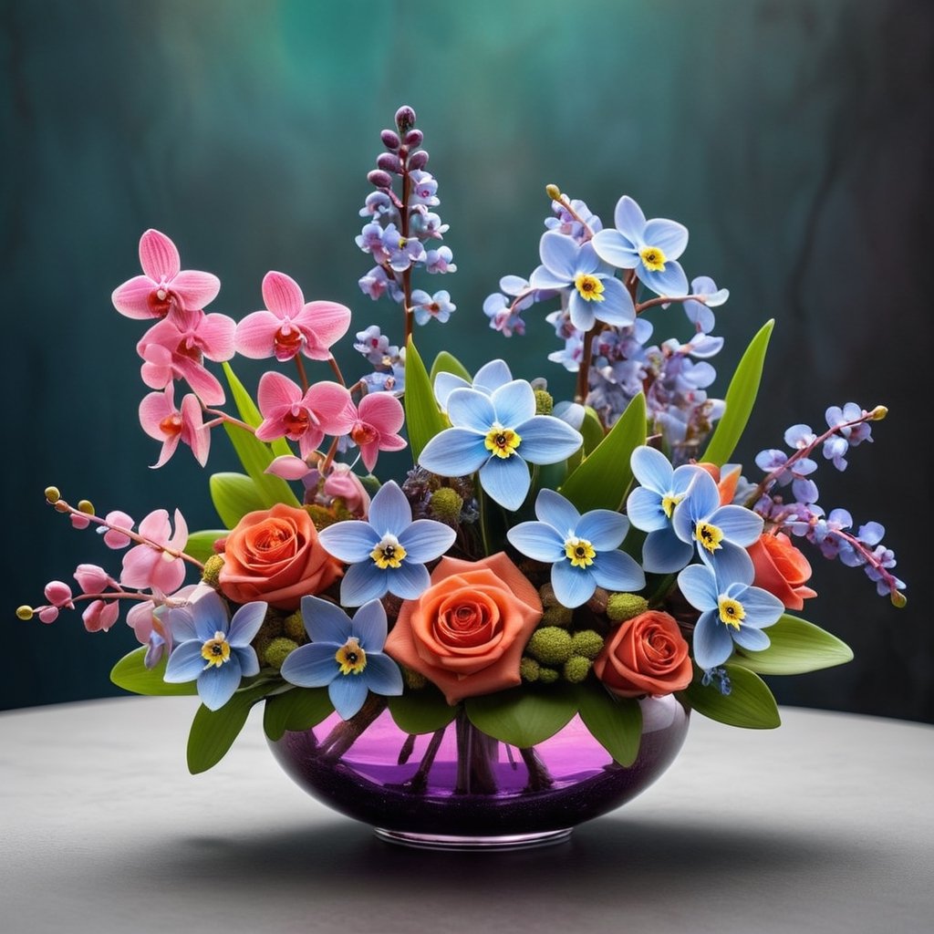 Hyper cute, gorgeous and intricate floral bouquet of forget-me-nots, orchids, roses and violets, sophisticated composition, inspired by brutalism, coloured venetian glass masterieces, Benetton and Lalique. Fusion of Cherenkov radiation and crocoite color palettes. Wide field of view, centered, 16k, hdr, sharp focus, depth of field, high resolution, excellent composition. Vivid colors, illuminated by volumetric and soft lighting., DonMS4kur4XL,art_booster,moonster,BugCraft.,Cute,cute cartoon 