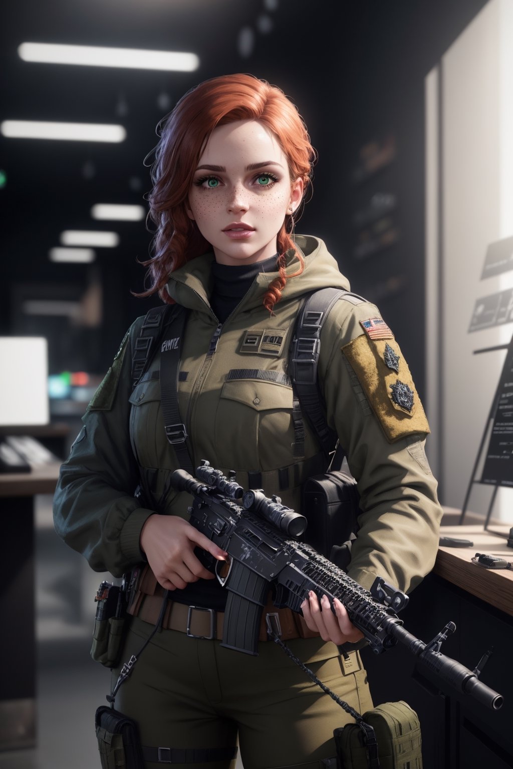 weapon_shop, 25 year old woman, freckles, redhead, Latina, muscular, green eyes, military_uniform, wearing biomasker, pants, long sleeves, folding assault rifle, glow effects, goldrays, Hand drawn, render, 8k, octane render, cinema 4d, blender, dark, atmospheric 4k ultra detailed, cinematic, Sharp focus, big depth of field, Masterpiece, colors, 3d octane render, 4k, concept art, trending on artstation, hyperrealistic, Vivid colors, extremely detailed CG unity 8k wallpaper, trending on CGSociety, Intricate, High Detail, dramatic