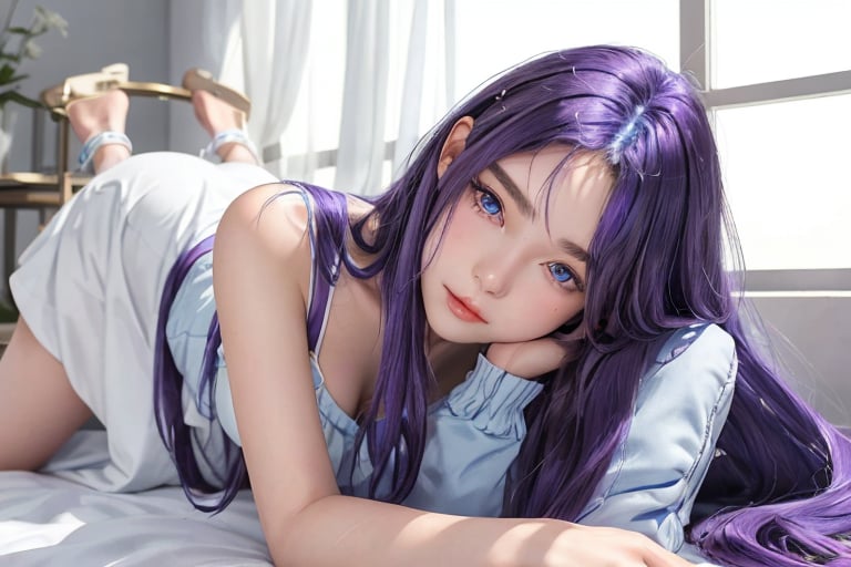 16-year-old female with long shiny purple hair with Greek European features with a round face large blue eyes, white low-cut dress cinched at the waist