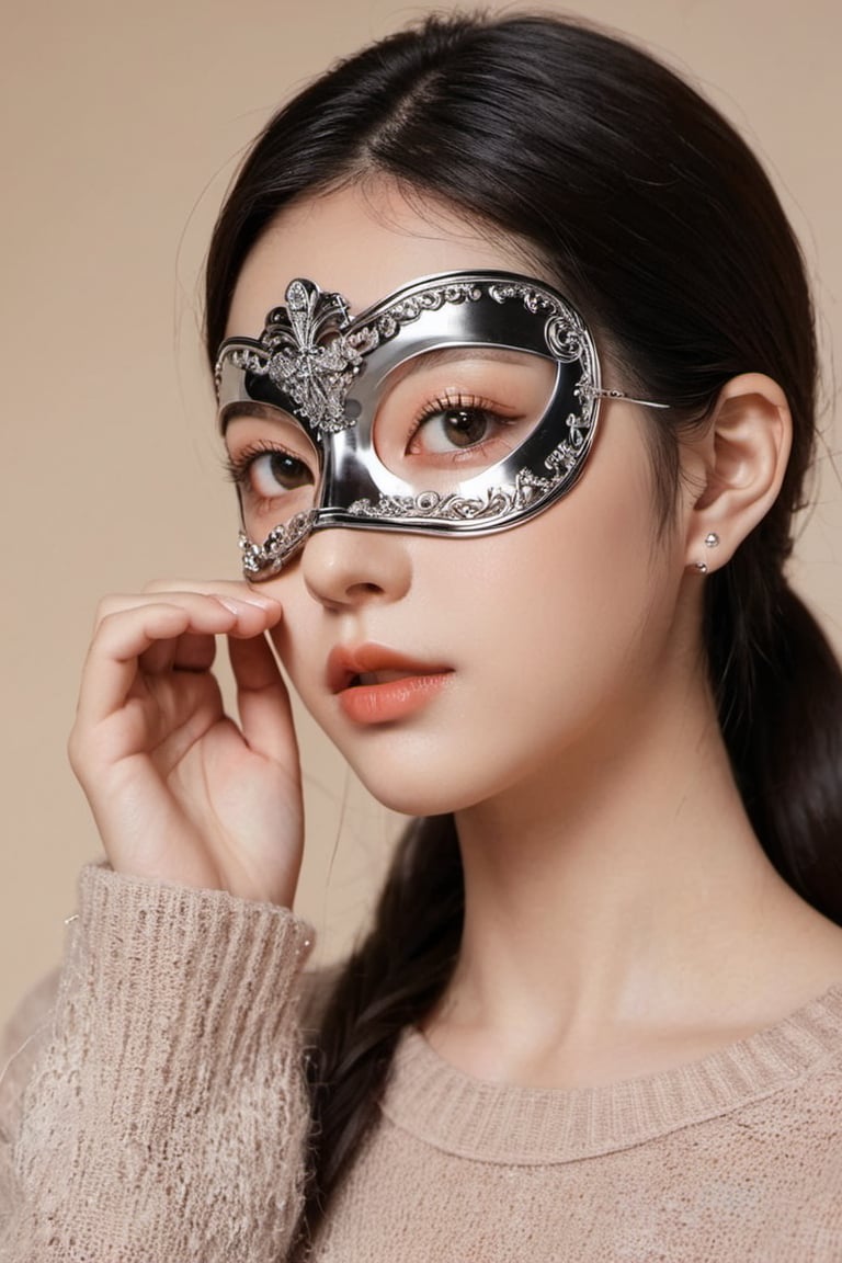 image, female, covering the face completely with a metal mask (eyes, mouth, nose)