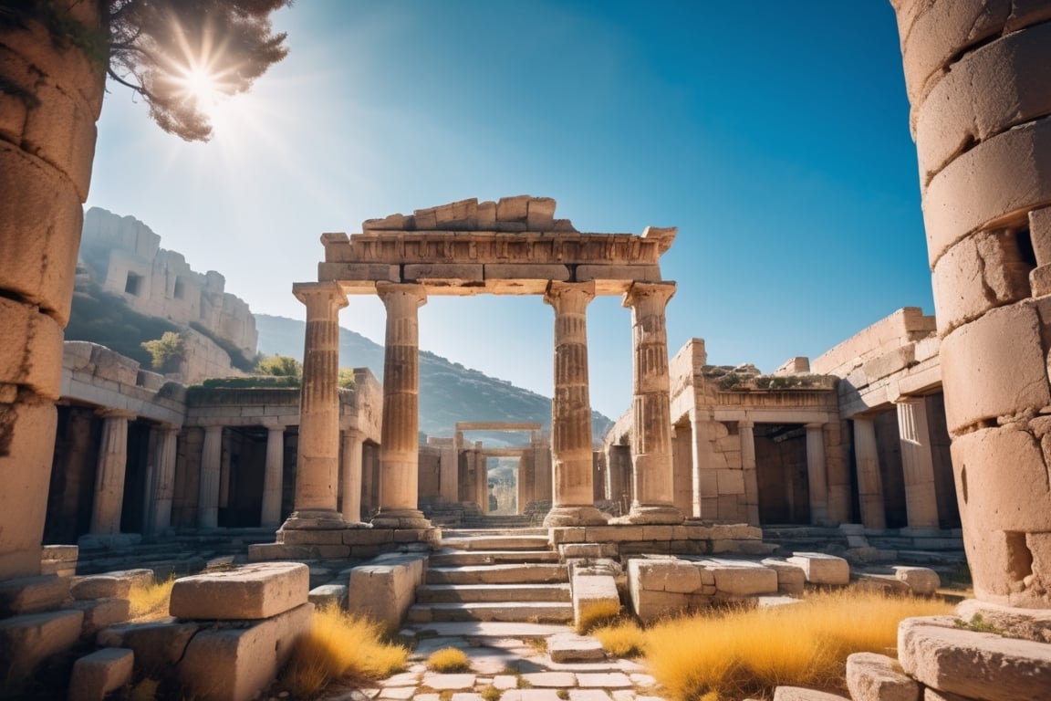 (((full length portrait))) (((masterpiece))) (((super realistic))) (((8K))) (((wide shot))) (((side angle))) ( ((high detail))) (((hyper-realistic))) greek ruins, bright sun, studio lighting, film lighting, vibrant color, photographic film, Fujifilm XT3 captured by a Samyang 85mm F1.4 Fe E, 80mm Sigma lens f/1.4, (((Regular Zoom)))