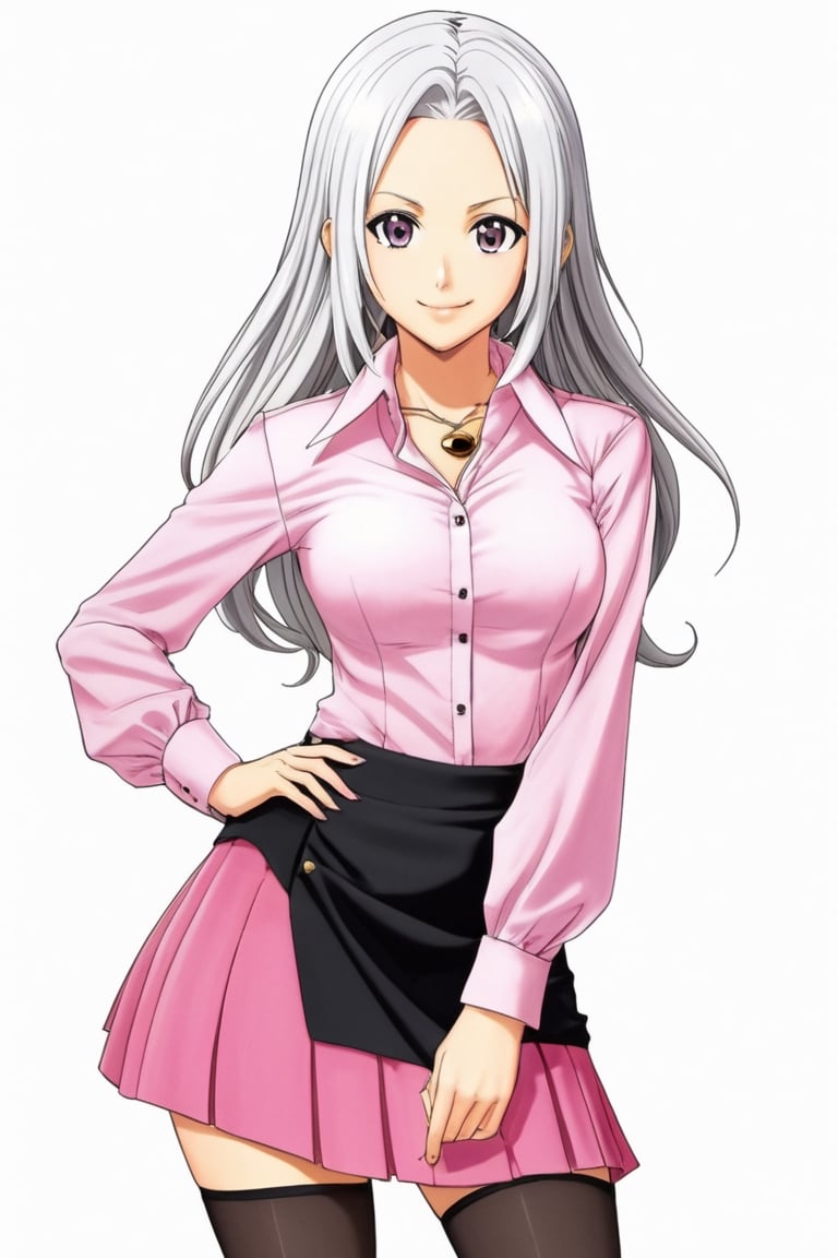 Elizabeth from Nanatsu no Taizai, the Seven Deadly Sins, long white hair, fitted pink shirt blouse, black mini skirt