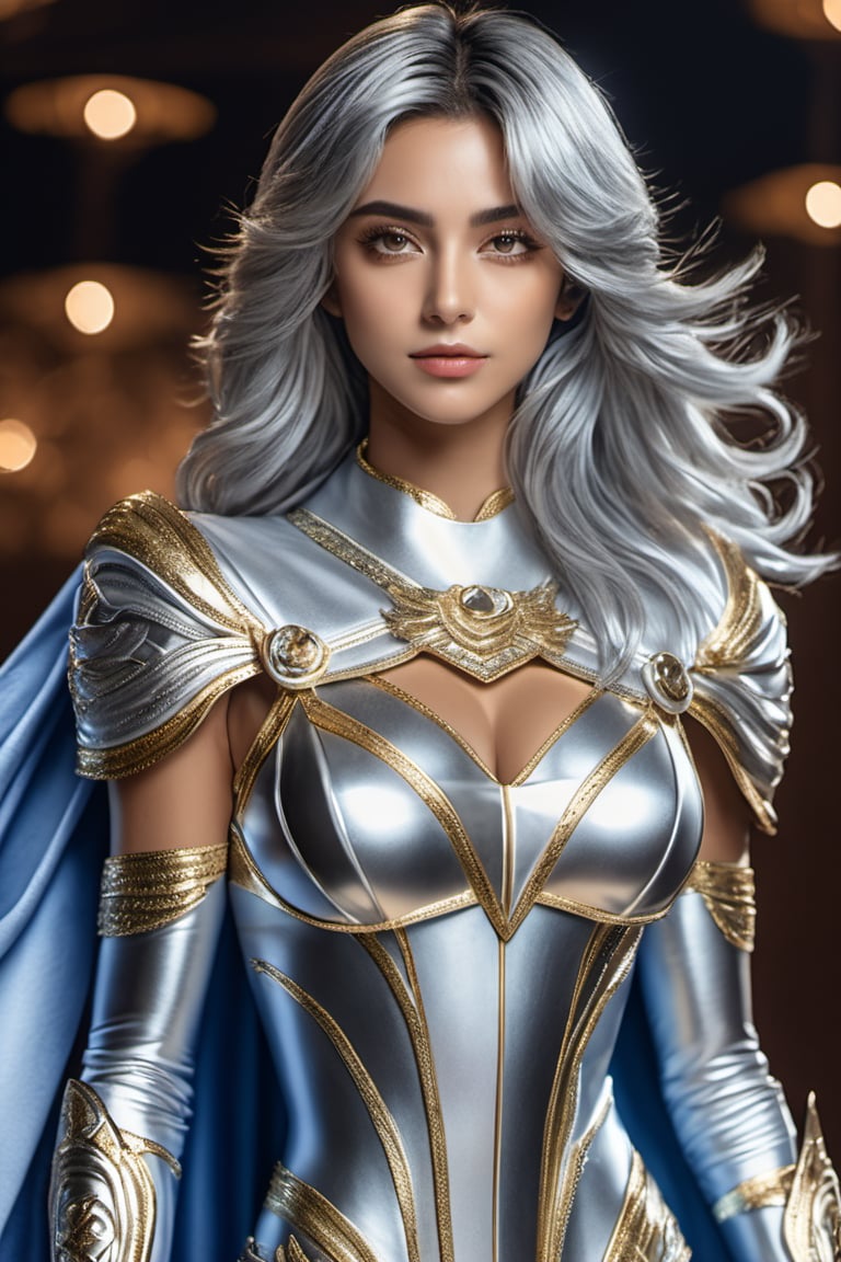 masterpiece, full length portrait, hyper realistic, 8K, wide shot, captured through a high speed DLSR camera lens, hyper realistic human skin, female, 20 years old, Marin de Aguila, saint seiya, a mask of silver covering the face