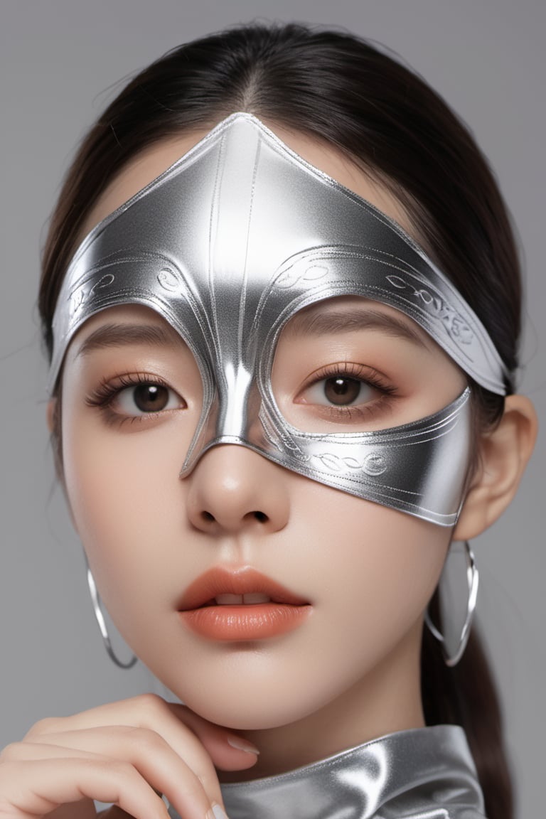 image, anime style, masterpiece, full length portrait, photorealistic, hyper-realistic, 8K, wide shot, captured through a lens of a high-speed DLSR camera, sitting, hyper-realistic human skin, female, black leotard, 20s age, Marin de Águila, a silver metallic mask that completely covers the entire face including eyes and mouth