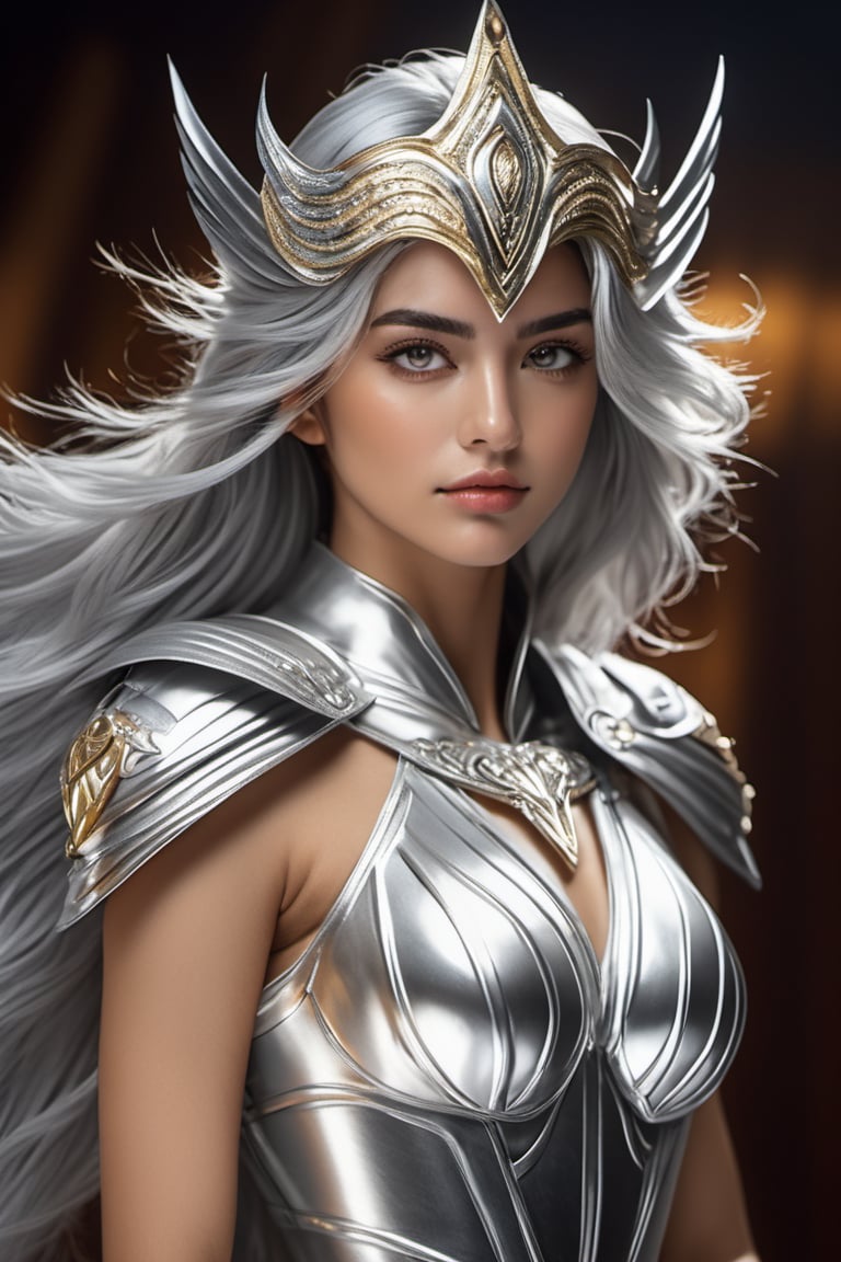 masterpiece, full length portrait, hyper realistic, 8K, full shot, captured through a lens of a high speed DLSR camera, female, 20 years old, Marin de Aguila, saint seiya, a silver mask that covers the face.