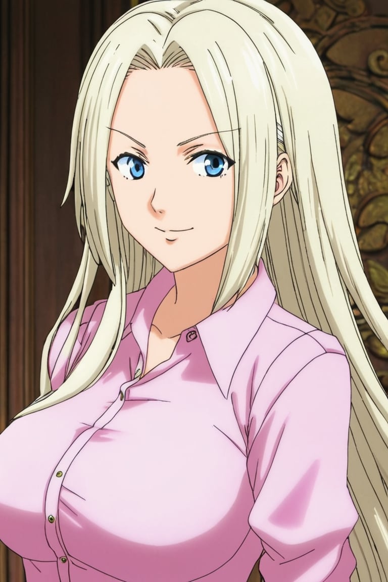 Elizabeth from Nanatsu no Taizai, the Seven Deadly Sins, long white hair, pink shirt blouse