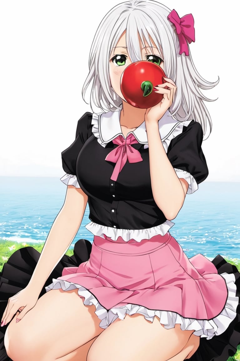 Elizabeth from Nanatsu no Taizai, the Seven Deadly Sins, long white hair, fitted pink short sleeve ruffle shirt blouse, black mini skirt Squatting