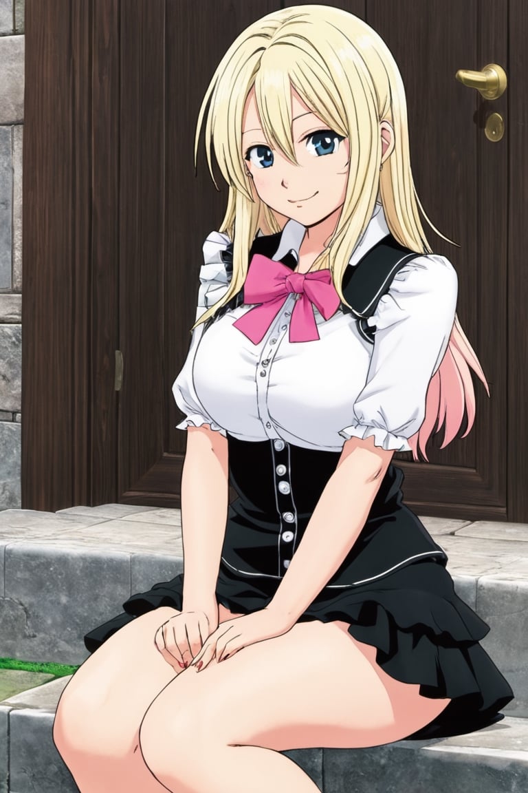 Elizabeth from Nanatsu no Taizai, the Seven Deadly Sins, long white hair, fitted pink short sleeve ruffle shirt blouse, black mini skirt Squatting