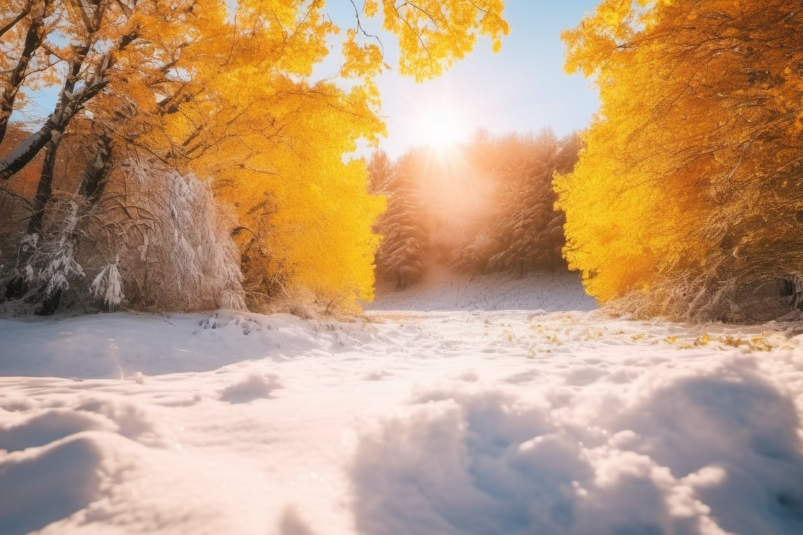 (((full length portrait))) (((masterpiece))) (((super realistic))) (((8K))) (((wide shot))) (((side angle))) ( ((maximum detail))) (((hyperrealistic))) snow field with yellow trees, bright sun, studio lighting, film lighting, vibrant colors, vivid colors, photographic film, Fujifilm XT3 captured by a Samyang 85mm F1 lens .4 Fe E, 80mm Sigma f/1.4, (((Regular Zoom)))