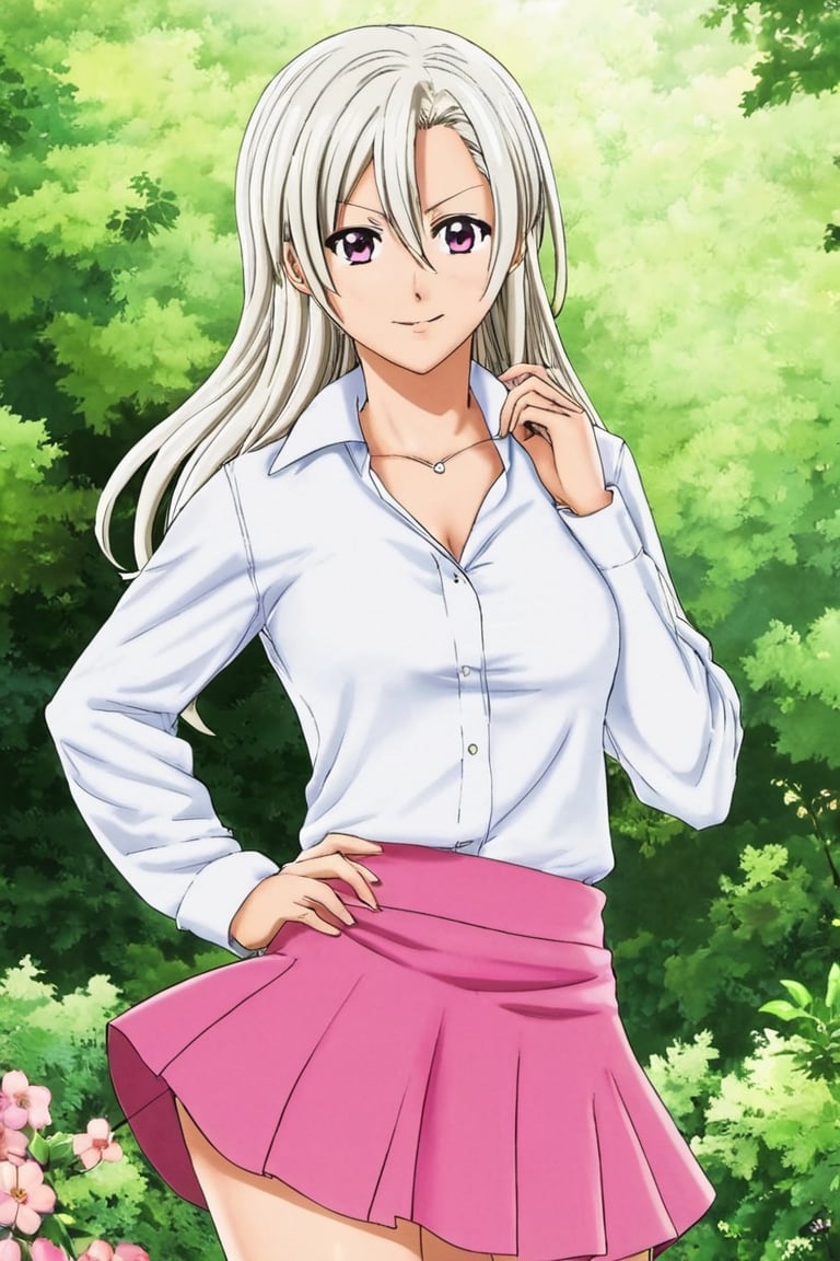 Elizabeth from Nanatsu no Taizai, the Seven Deadly Sins, long white hair, pink shirt blouse, mini mini skirt