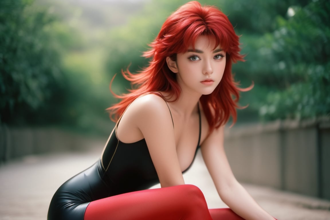 a full body, masterpiece, hyper realistic, photo realistic, full shot, captured through the lens of a high speed DSLR camera, 90's anime style, saint seiya, marin de aguila, super realistic human skin, 8K, 1 girl, face beautiful, sitting, arms bare, 20 years old, semi-wavy red hair, short hair, all black low-cut sleeveless leotard, long red stockings, black sleeveless short gloves, black shoes,