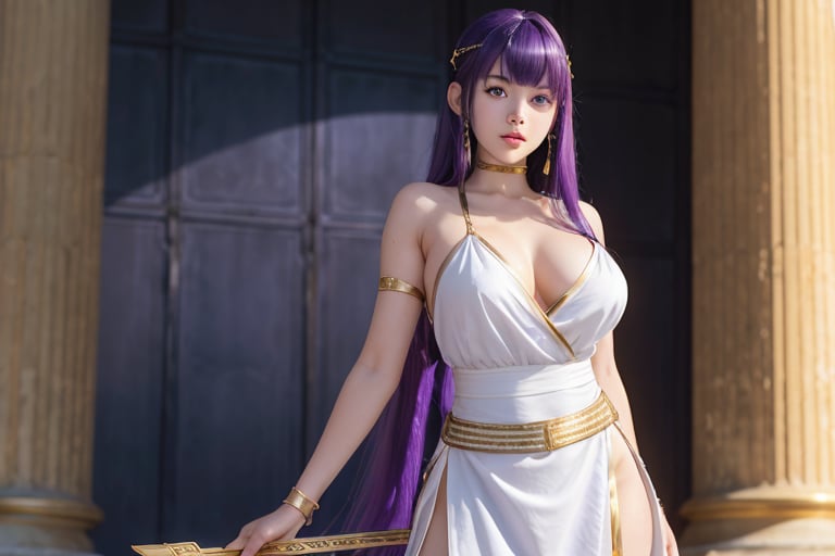 16-year-old woman with long shiny purple hair with bangs, with triangle Japanese features, big dark blue eyes, white Greek dress cinched at the waist, gold metal belt with ultra-realistic parthenon background 4k