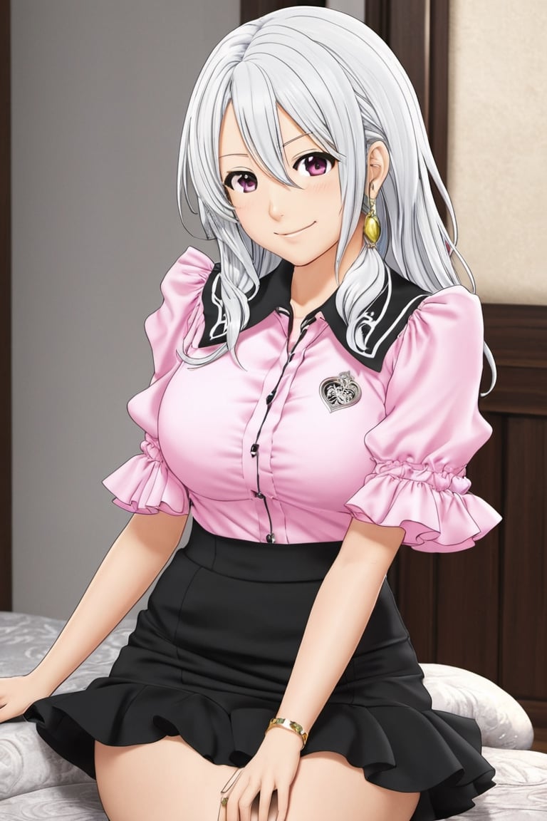 Elizabeth from Nanatsu no Taizai, the Seven Deadly Sins, long white hair, fitted pink short sleeve ruffle shirt blouse, black mini skirt