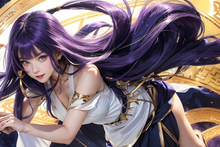 Full body superrealistic 18-year-old woman with long shiny purple hair with bangs, with a childish face with triangle Japanese features, big dark blue eyes, a white Greek dress cinched at the waist, a gold metal belt with an ultra-realistic parthenon background, 4k wind strong