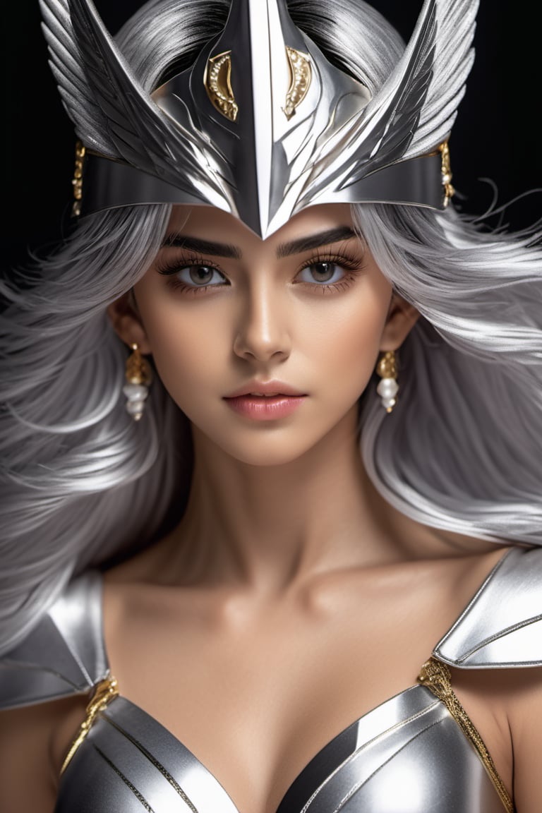 masterpiece, hyper realistic, 8K, full length, captured through a lens of a high speed DLSR camera, female, 20 years old, Marin de Aguila, saint seiya, a silver mask covering the face.