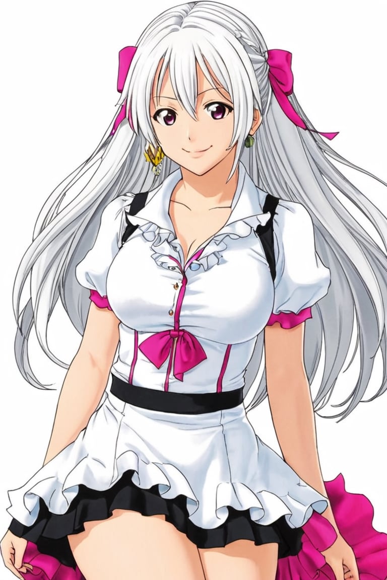 (((Elizabeth from nanatsu no taizai, the seven deadly sins long (white hair)))), fitted pink short sleeve ruffle shirt blouse, black mini skirt