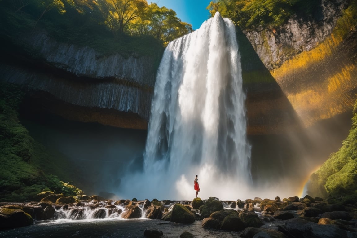 (((full length portrait))) (((masterpiece))) (((super realistic))) (((8K))) (((wide shot))) (((side angle))) ( ((maximum detail))) (((hyperrealistic))) giant waterfall, bright sun, studio lighting, film lighting, vibrant colors, vivid colors, photographic film, Fujifilm XT3 captured by a Samyang 85mm F1.4 Fe E lens , 80mm Sigma f/1.4, (((Regular Zoom)))