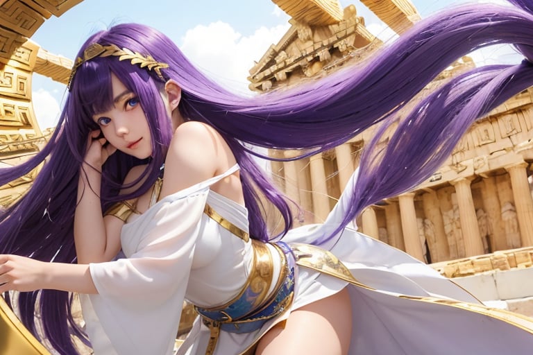 Full body superrealistic 18-year-old woman with long shiny purple hair with bangs, with a childish face with triangle Japanese features, big dark blue eyes, a white Greek dress cinched at the waist, a gold metal belt with an ultra-realistic parthenon background, 4k wind strong