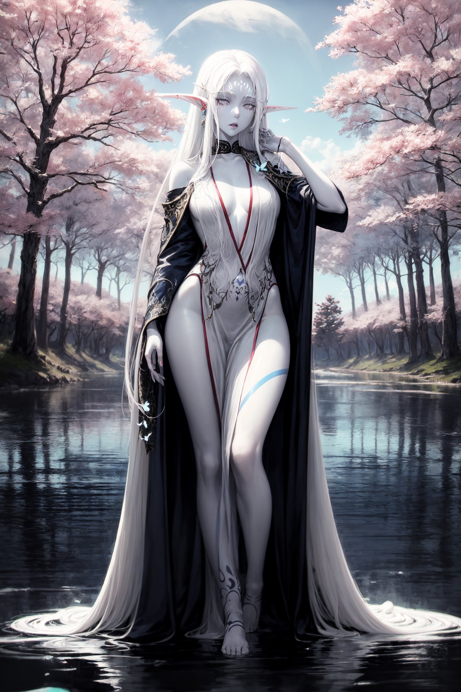 nightelf, full body, (((extreme white albino skin color))), ((extrem long white hair color)), (grey Eyes), (Beautiful blue robe) Facial Tattoo, she stands in front of a lake surrounded by a forest, on her left hand sits a butterfly