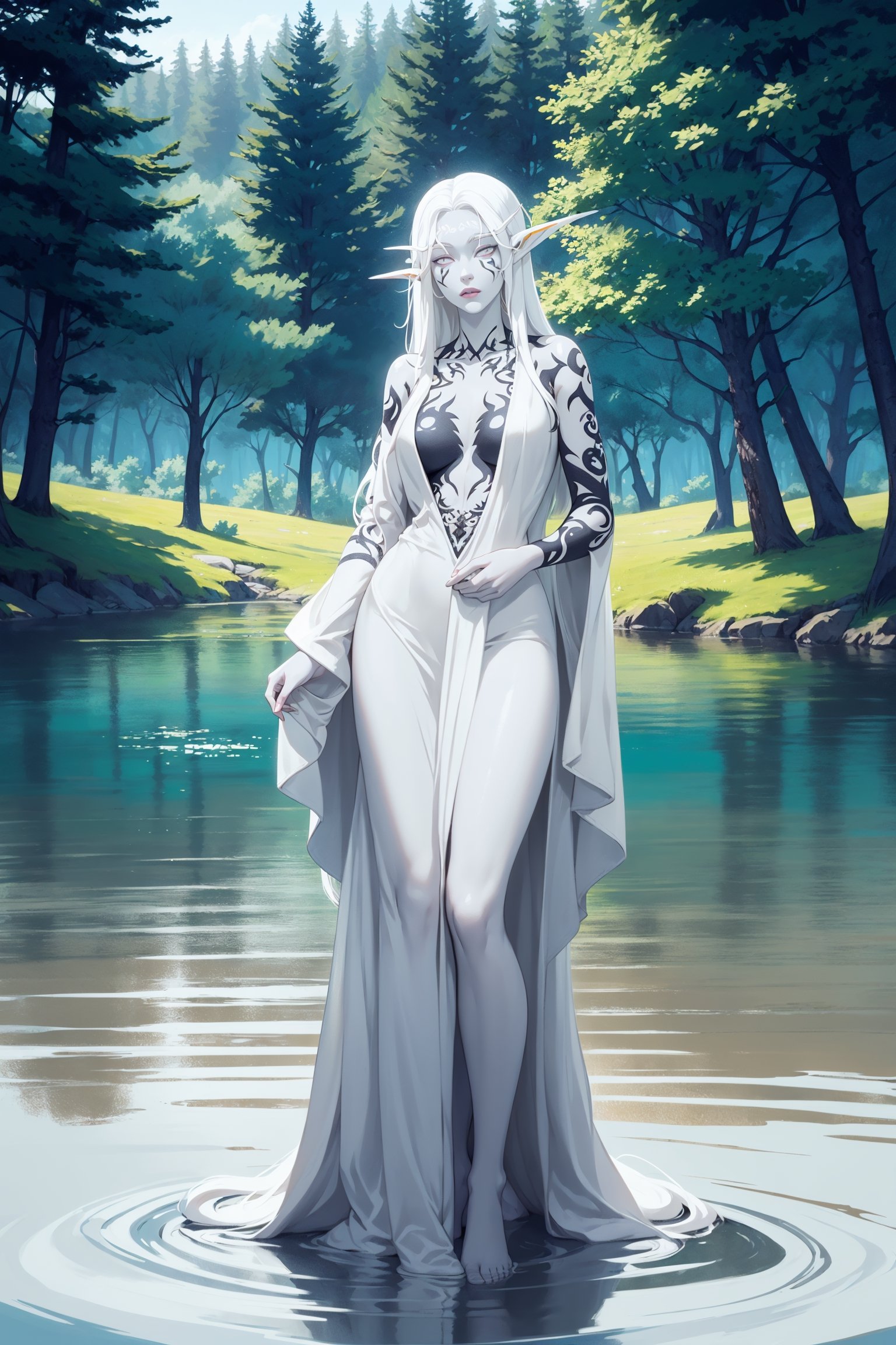 nightelf, full body, (((extreme white albino skin color))), ((extrem long white hair color)), (grey Eyes), (Beautiful blue robe) Facial Tattoo, she stands in front of a lake surrounded by a forest, on her left hand sits a butterfly