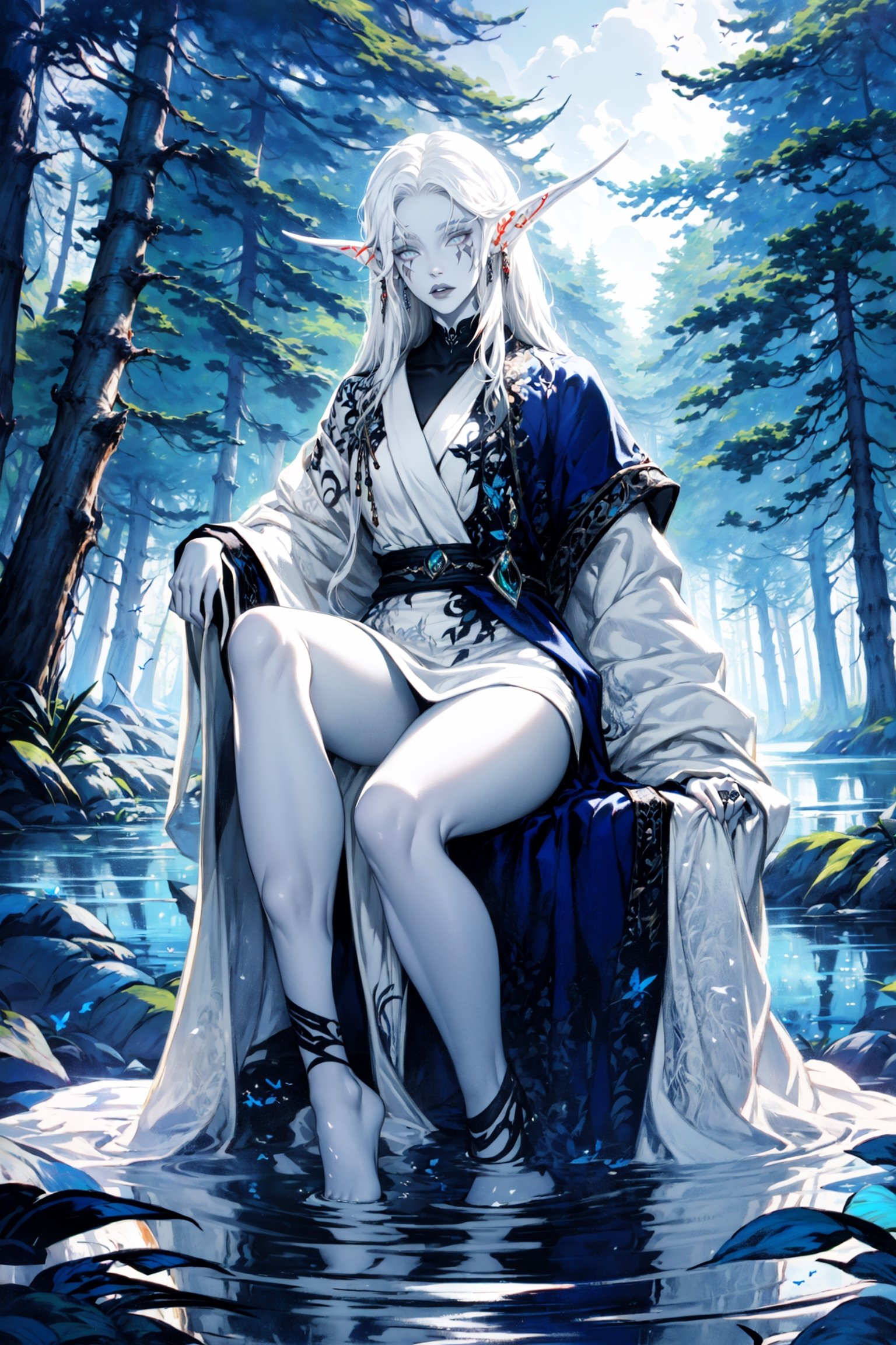 nightelf, full body, (((extreme white albino skin color))), ((extrem long white hair color)), (grey Eyes), (Beautiful blue robe) Facial Tattoo, she stands in front of a lake surrounded by a forest, on her left hand sits a butterfly