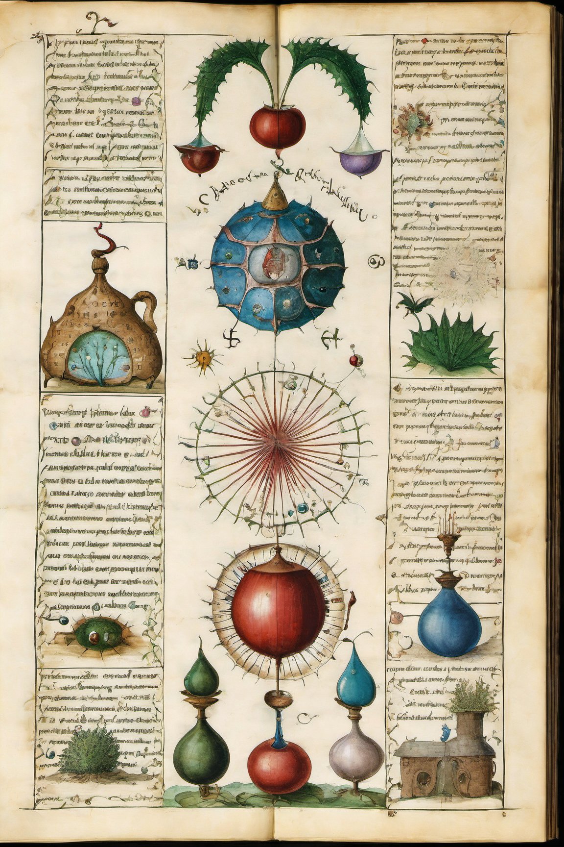 illustrations of demon (((alchemy treatise))) from the voynich manuscript,  ((codex seraphinianus)),  with writing by Gato...