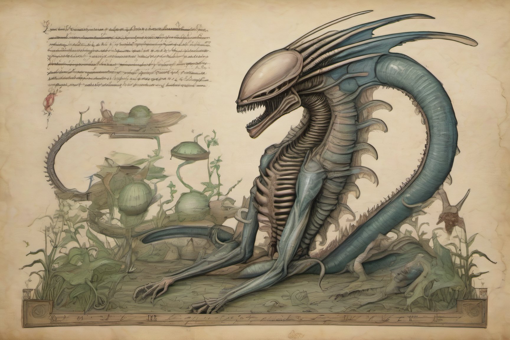 illustrations of (( angelic xenomorph)) medieval bestiary from the (voynich manuscript),  Codex Seraphinianus,  with writi...