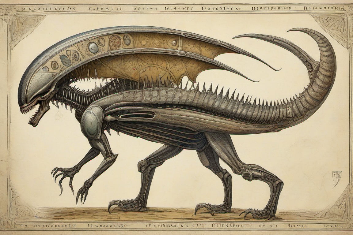 illustrations of (( angelic xenomorph)) medieval bestiary from the (voynich manuscript),  Codex Seraphinianus,  with writi...