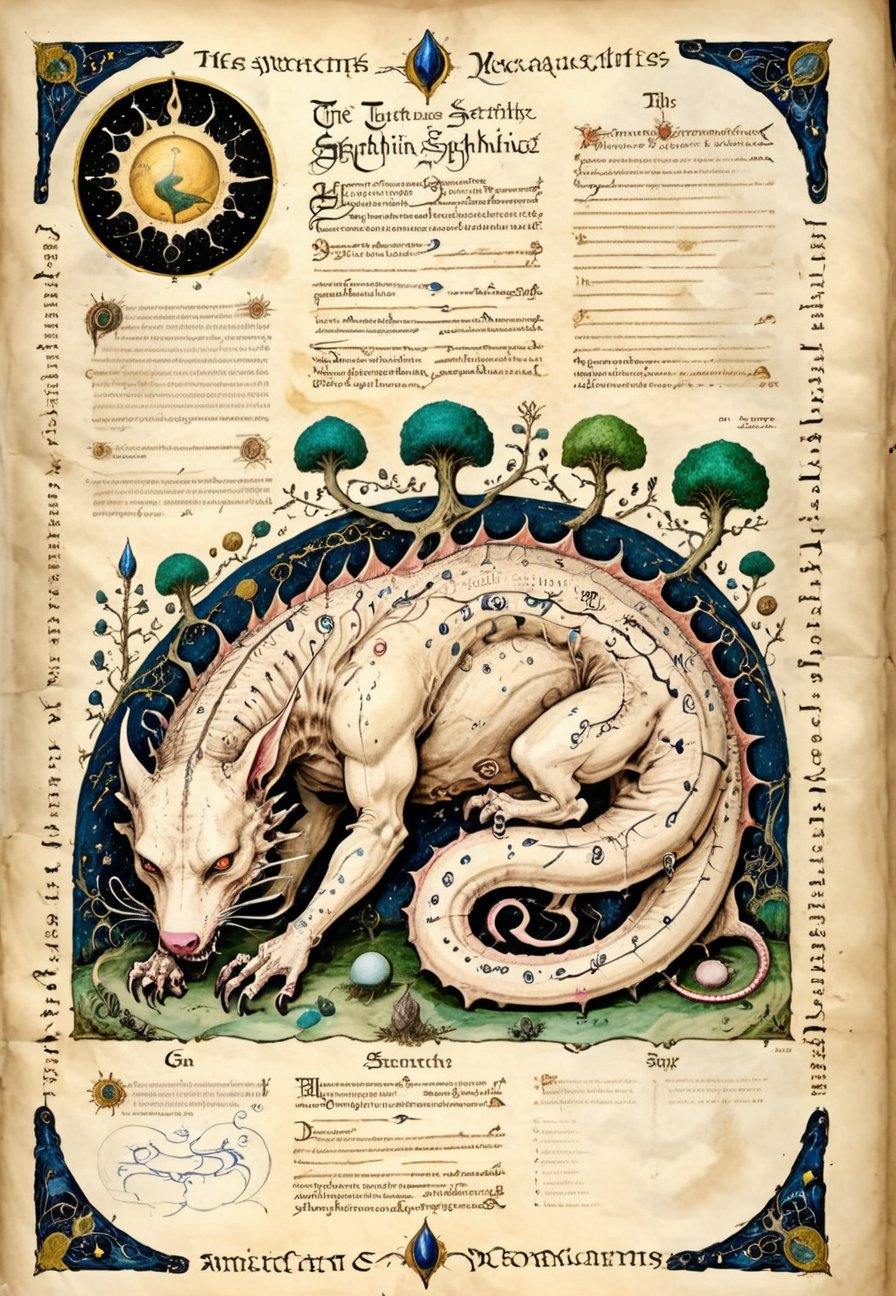 A behemoth, a monstrous creature from medieval lore, sprawls across the page of an ancient illuminated manuscript. The illustration is rendered on worn, yellowed parchment, with intricate borders and swirling vines that evoke the mysticism of the Voynich Manuscript. In the background, faded script whispers secrets in a forgotten tongue. The behemoth's scaly body writhes, its claws grasping for something unseen as it dominates the composition. The Codex Seraphinianus-inspired style adds to the sense of antiquity and mystique, drawing the viewer into this mystical realm.