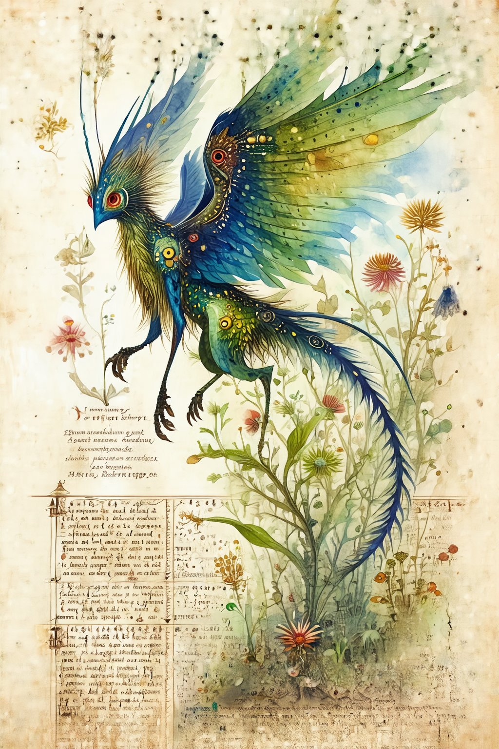 Medieval-inspired illustrations of fantastical creatures, an hybrid of angel and plants parts, set within an aged, vintage parchment background. ((voynich manuscript)), ((codex seraphinianus)), with cryptic writing. Surreal art,Watercolor style,sketch, ink,watercolor \(medium\)