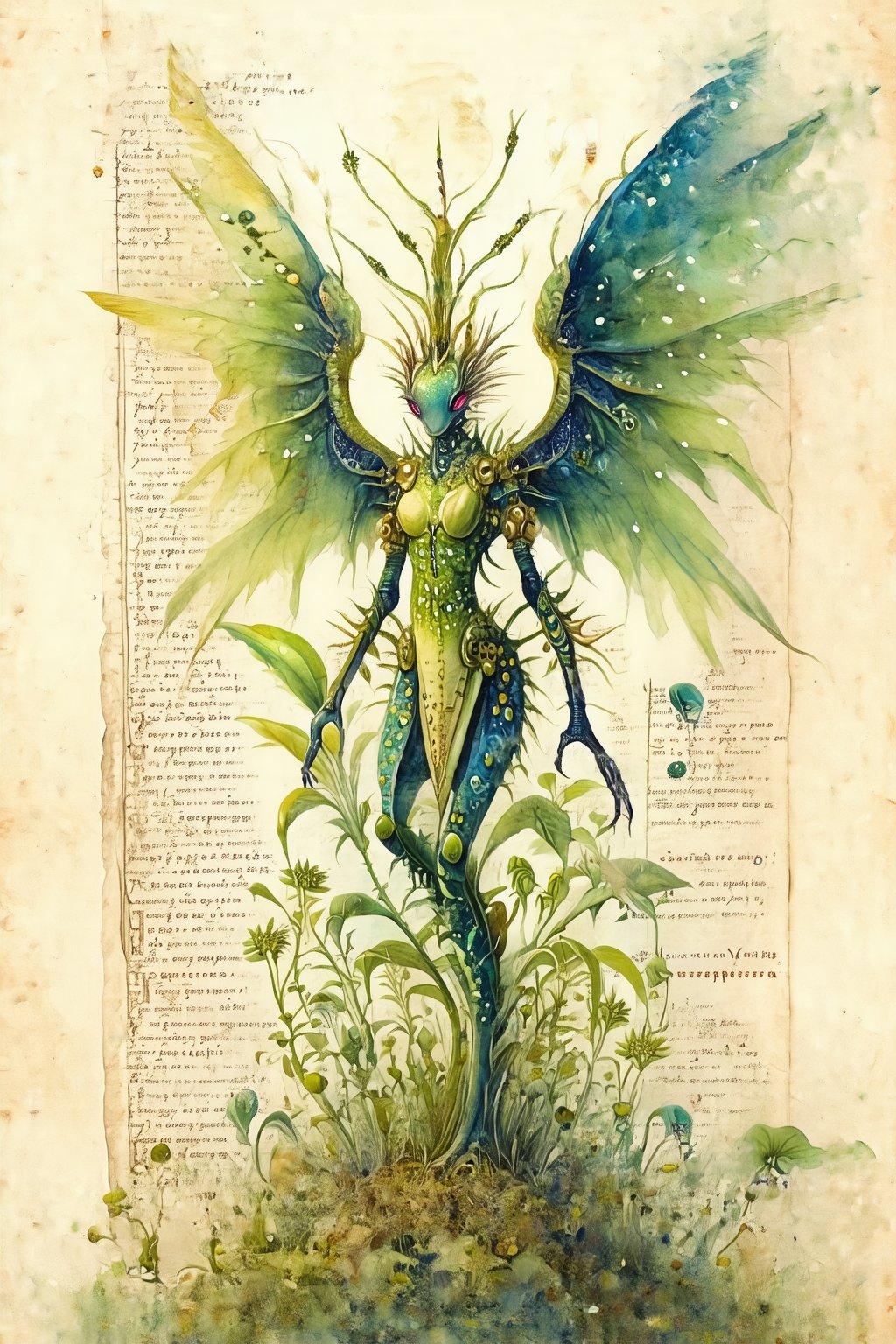 Medieval-inspired illustrations of fantastical creatures, an hybrid of angel and plants parts, set within an aged, vintage parchment background. ((voynich manuscript)), ((codex seraphinianus)), with cryptic writing. Surreal art,Watercolor style,sketch, ink,watercolor \(medium\)