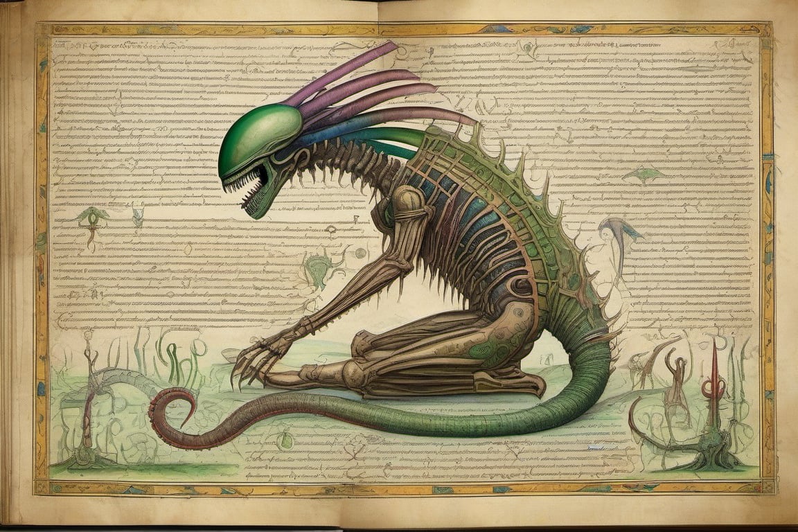 illustrations of (( angelic xenomorph)) medieval bestiary from the (voynich manuscript),  Codex Seraphinianus,  with writi...
