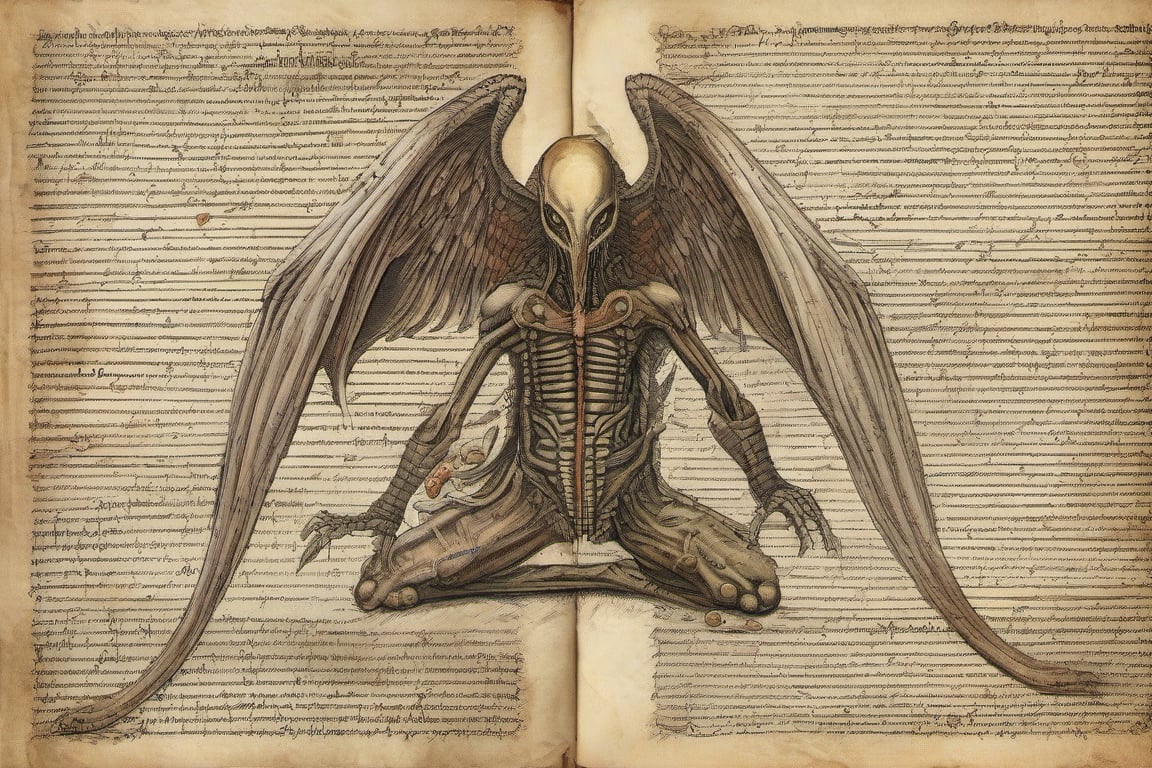 illustrations of (( angelic xenomorph)) medieval bestiary from the (voynich manuscript),  Codex Seraphinianus,  with writi...