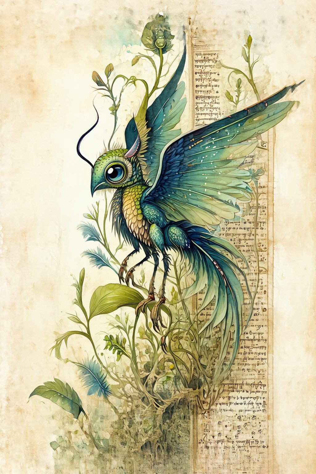 Medieval-inspired illustrations of fantastical creatures, an hybrid of angel and plants parts, set within an aged, vintage parchment background. ((voynich manuscript)), ((codex seraphinianus)), with cryptic writing. Surreal art,Watercolor style,sketch, ink,watercolor \(medium\)