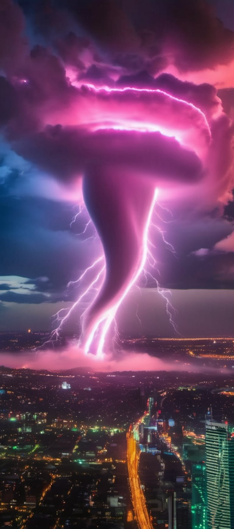 The neon glow clouds spreads, forming the shape of a tornado that stirs up a city., cinematic shot + dynamic composition, incredibly detailed, sharpen, details + intricate detail + professional lighting, film lighting + 35mm + anamorphic + lightroom + cinematography + bokeh + lens flare + film grain + HDR10 + 8K + Roger Deakins, ((cinematic))