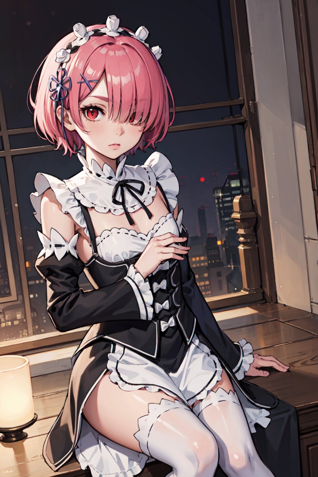 rezeroram, ram, hair flower, hair ornament, hair over one eye, pink hair, (red eyes:1.5), short hair, x hair ornament, (flat chest:1.2),BREAK apron, black bow, black dress, black ribbon, bow, detached sleeves, dress, frilled apron, frilled sleeves, frills, juliet sleeves, long sleeves, maid, neck ribbon, puffy sleeves, ribbon, roswaal mansion maid uniform, thighhighs, two-tone dress, waist apron, white bow, white dress, white thighhighs,,BREAK outdoors, city,BREAK looking at viewer, BREAK, (masterpiece:1.2), best quality, high resolution, unity 8k wallpaper, (illustration:0.8), (beautiful detailed eyes:1.6), extremely detailed face, perfect lighting, extremely detailed CG, (perfect hands, perfect anatomy),
