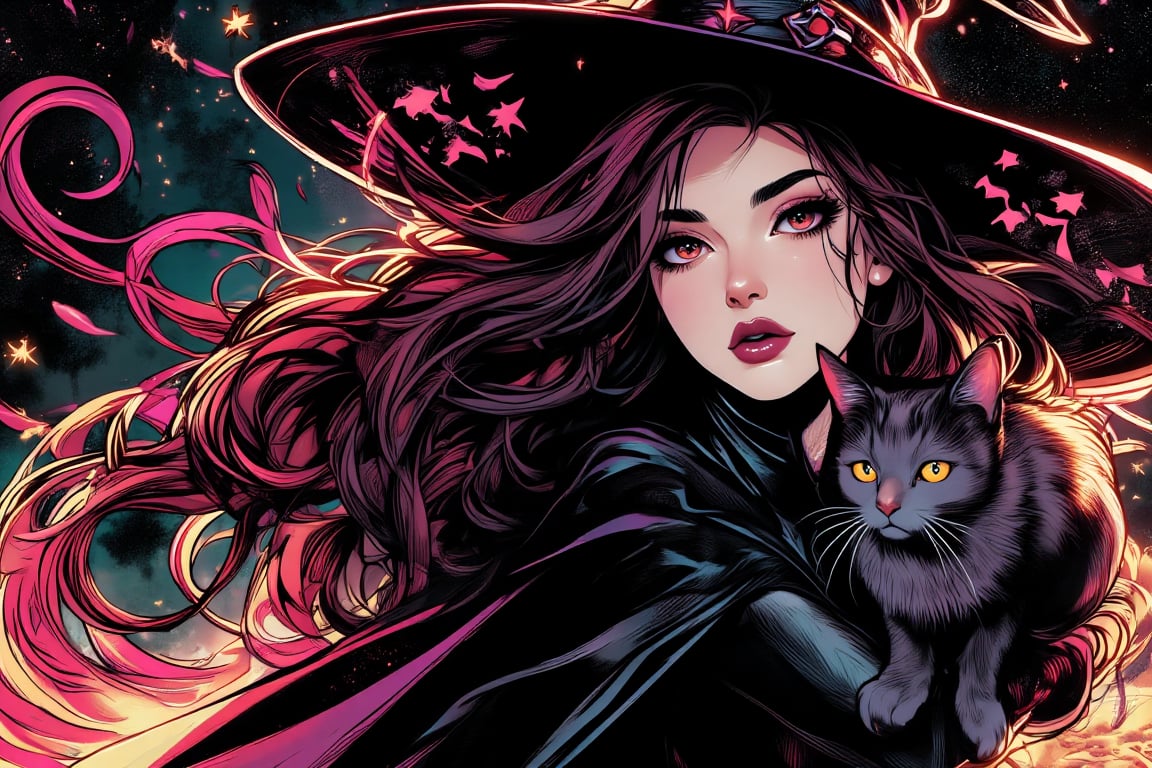 American comic book style digital illustration of a young witch with her feline companion. Dynamic composition with bold lines and vibrant colors.

The witch: Stunning young woman with long, flowing brunette hair in dramatic waves. Large, expressive almond-shaped eyes with a hint of red in the iris. Exaggerated makeup with thick eyelashes and deep berry coloured lips. Fair skin with high contrast shadows.

Attire: Oversized black witch hat with sharp, angular design. Hat decorated with bold, star-shaped cut-outs and a prominent, glowing red gem on the brim. Form-fitting black dress with exaggerated curves and flowing cape-like elements.

Familiar: Sleek, dark grey cat perched on the witch's shoulder. Stylized features with large, gleaming eyes and a slightly curved tail. Simplified yet expressive design.

Background: Deep space-inspired backdrop with a mix of solid black areas and bursts of stars. Swirling energy patterns in pink and gold add dynamic elements.

Style elements:
- Strong, black outlines around all figures and major elements
- Flat color fills with strategic shading for depth
- Exaggerated facial features and expressions
- High contrast lighting with dramatic shadows
- Simplified yet impactful details
- Bold, eye-catching color palette focusing on black, pink, and gold

Composition: Witch and cat positioned slightly off-center for visual interest. Diagonal lines and swirling elements to guide the eye.

Overall mood: Mysterious, powerful, and slightly edgy, capturing the essence of modern American comic book art.
