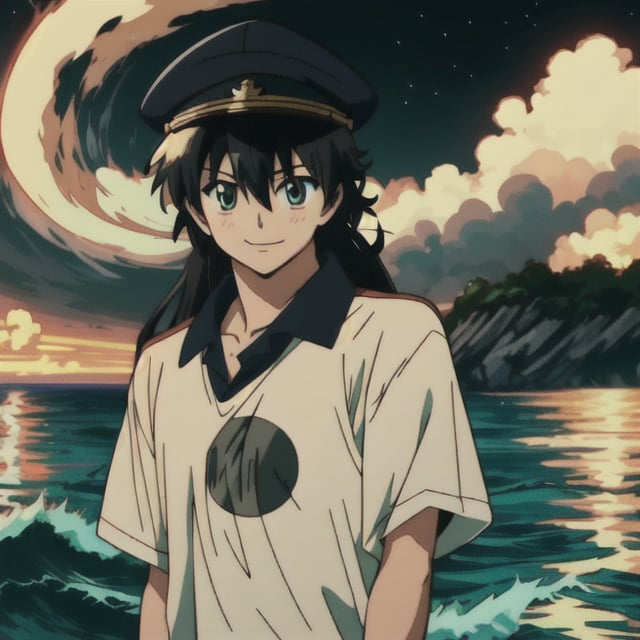 retro,tatsumi, upper_body, ,shouta_kazehaya, long_hair, shiny hair, expressive face, detailed eyes, shitty t-shirt naval base, smiling, dark_fantasy, night, ,cap