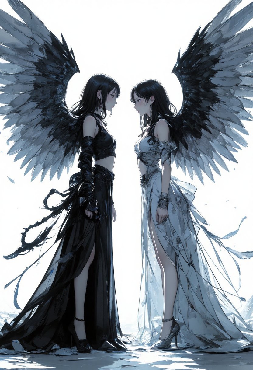 A mystical realm unfolds as a demonic maiden, adorned with radiant angelic wings, confronts an angelic youth, sporting wicked demon wings. Against a stark backdrop of pure white and pitch black, the dueling duo faces off, their ethereal forms silhouetted against the contrasting hues. The juxtaposition of light and darkness symbolizes the eternal struggle between good and evil.,fantasy girl,glowingstyle