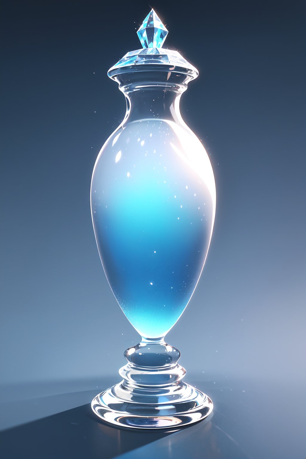 a vase with small crystals inside on display with clear glass base, no humans, still life, gem, crystal, gradient, gradient background, blue background, light particles, simple background, 3d rendering,🏆