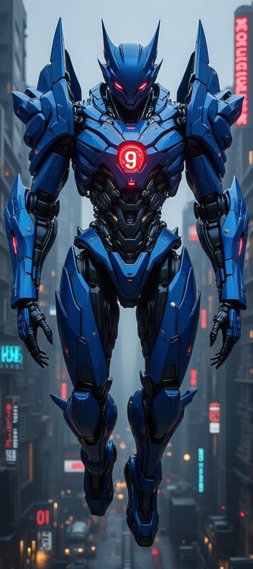 A futuristic cityscape at dusk, with neon lights reflecting off a sleek, metal surface. A score of 9 emblazoned on the chest plate of a cool cat-shaped robot, its blue metallic armor glistening under the artificial lighting. The robot's blue limbs are splayed out to the sides, with a bright red nose shining like a beacon. In mid-air, it deftly navigates through the urban landscape, soaring above skyscrapers as time and space distortions swirl around it in vibrant, swirling colors.