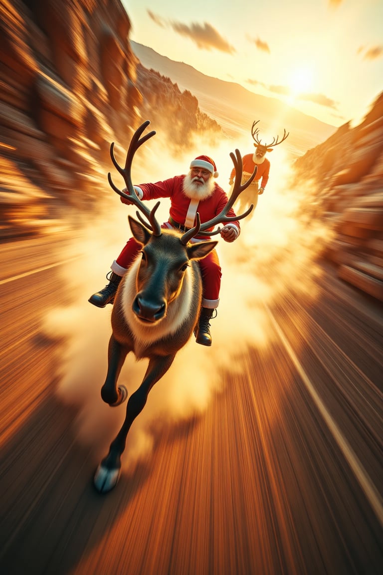 A sweeping aerial shot captures a majestic reindeer,  donning a jolly Santa Claus disguise,  galloping at hyperspeed acros...