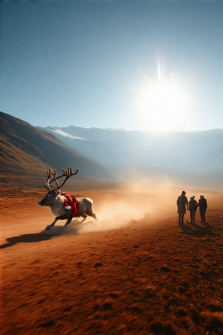 A sweeping aerial shot captures a majestic reindeer,  donning a jolly Santa Claus disguise,  galloping at hyperspeed acros...