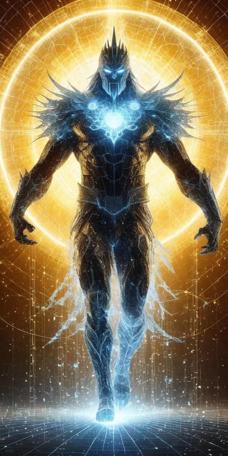 Ultra detailed illustration of the silhouette of Odin Borson from Marvel, phantasmagorical figure, (((translucent skin:1.5))), (((translucent body:1.5))), white and Golden lights, light particles, colorful, cmyk colors, backlit, divine aura.