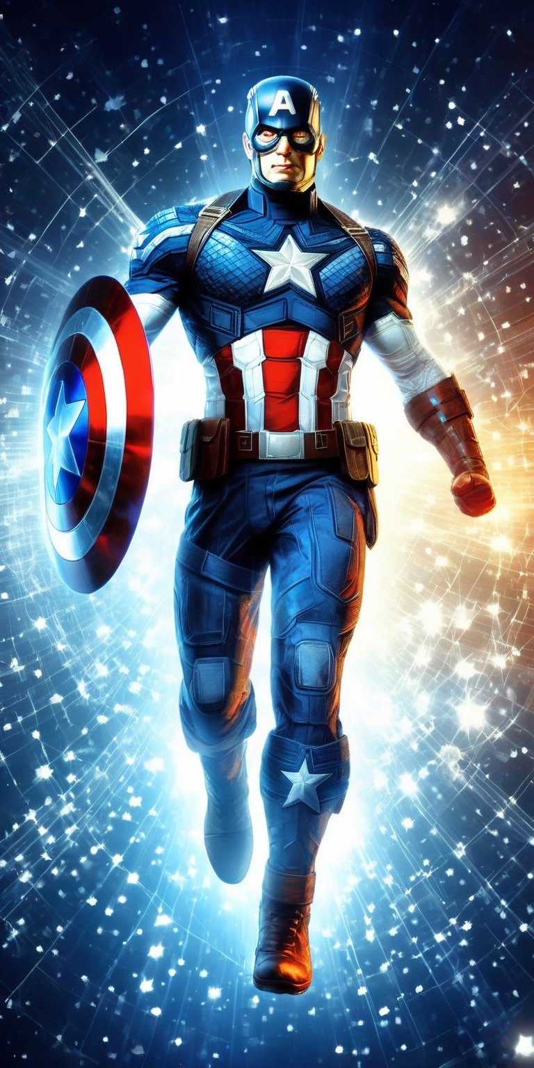 Ultra detailed illustration of the silhouette of Captain America, phantasmagorical figure, (((translucent skin:1.5))), (((translucent body:1.5))), red (and) blue (and) white lights, light particles, colorful, cmyk colors, backlit, stars and stripes.