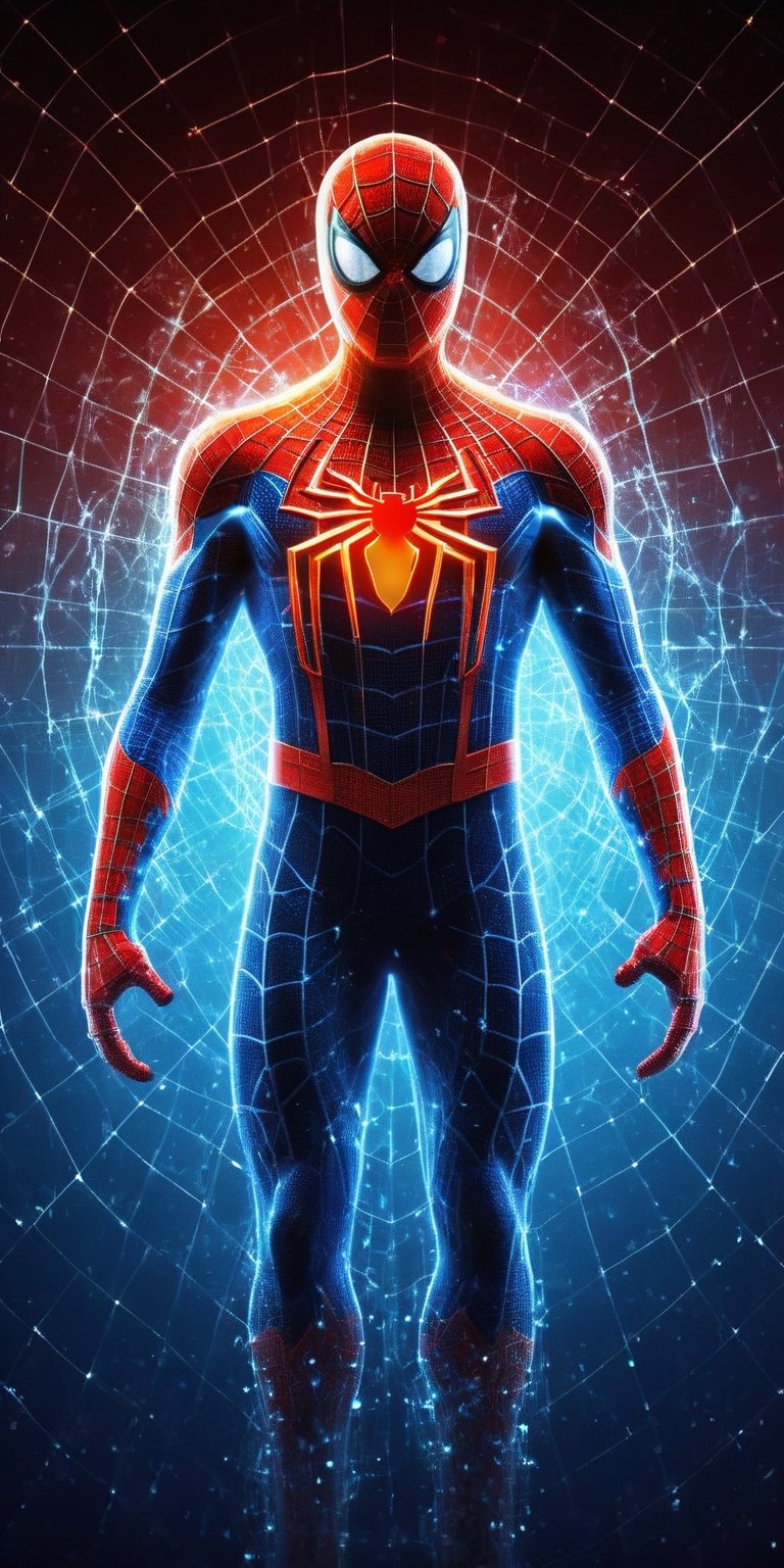 Ultra detailed illustration of the silhouette of Spiderman of Marvel, phantasmagorical figure, (((translucent skin:1.5))), (((translucent body:1.5))), red (and) blue lights, light particles, colorful, cmyk colors, backlit, spiderwebs.