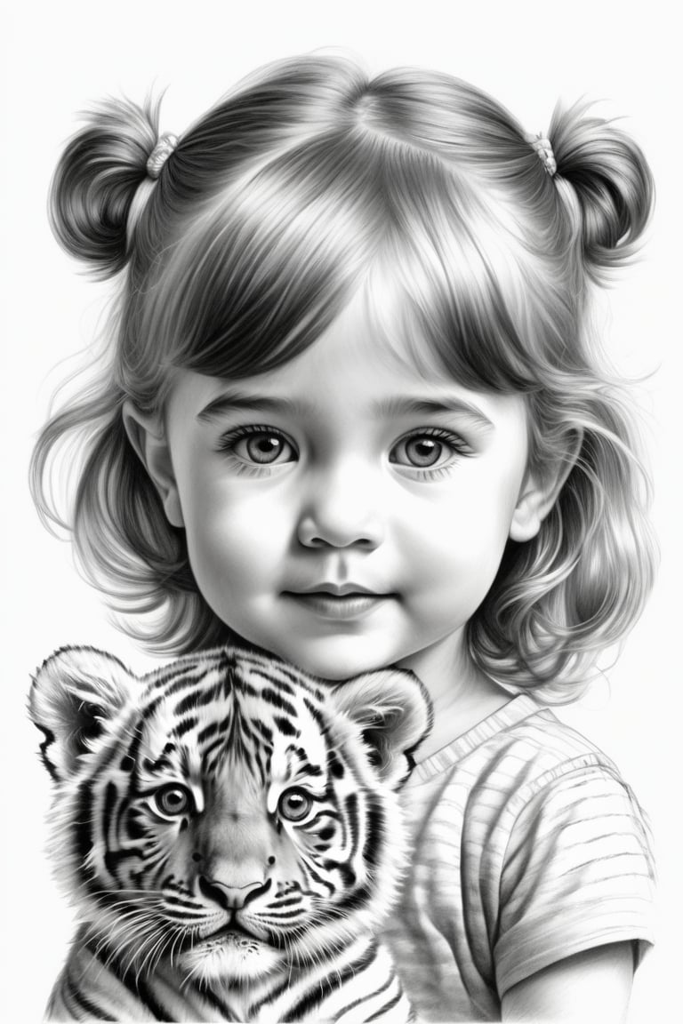 cubby cute little girl playing her tiger, pencil_(artwork), etching, crosshatching, rough sketch, monochrome, white background,Leonardo Style, illustration, in the style of Dave Malan