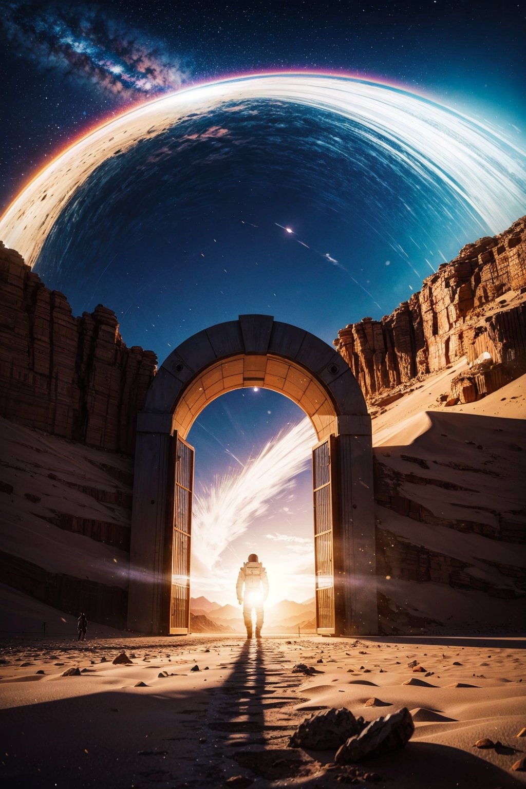 Astronaut walking on desert,  huge alien portal gate on ground,  astronaut entering portal by BBnBQ on Tensor.Art