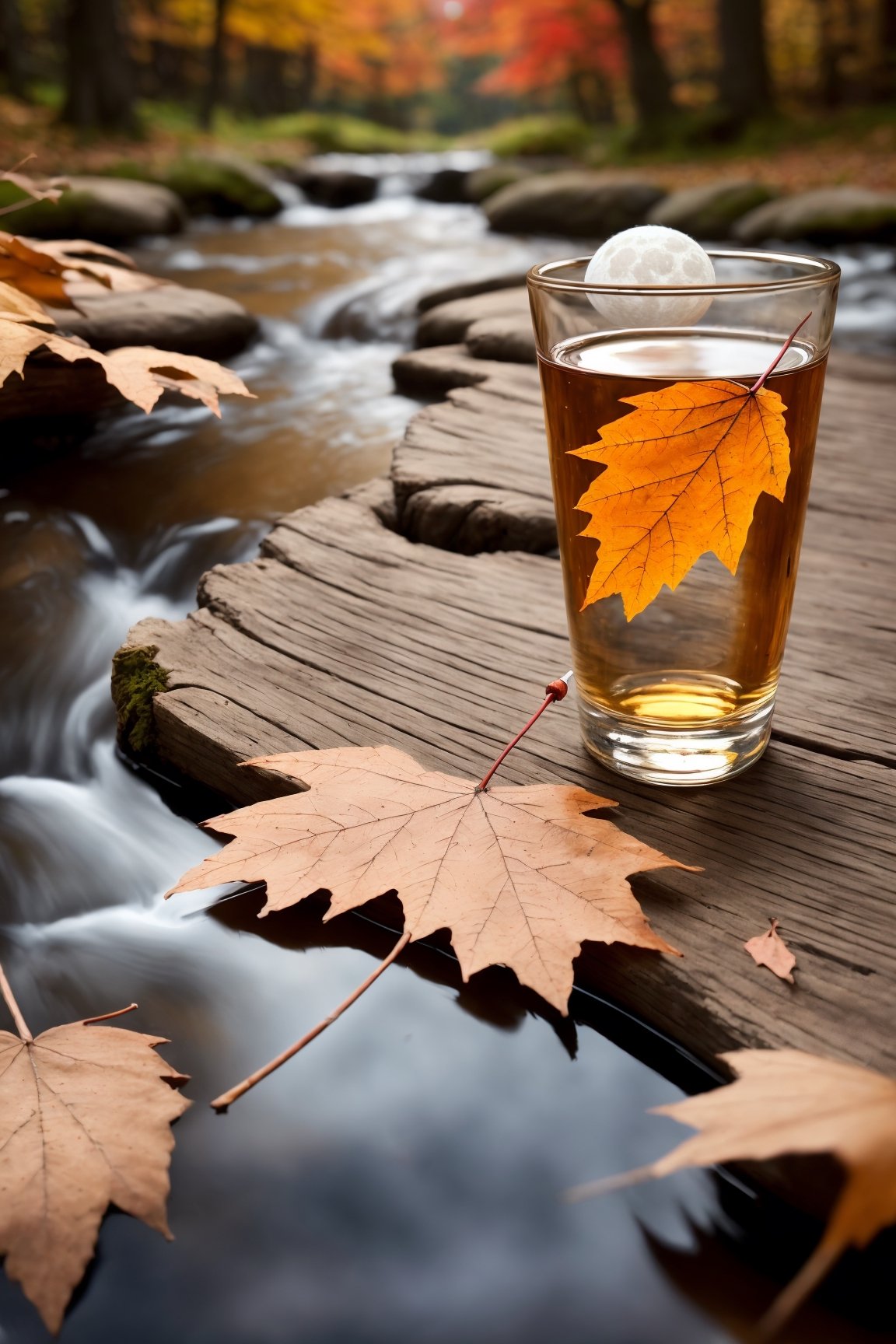 (masterpiece, best quality, ultra-detailed, finely detailed, photorealistic),focus on big realistic moon in middle sky, ((a glass  of half  full wiski )), a colored maple leaf falling on wood table  by a stream, in autumn, shap-focus,bokeh, high resolution, night